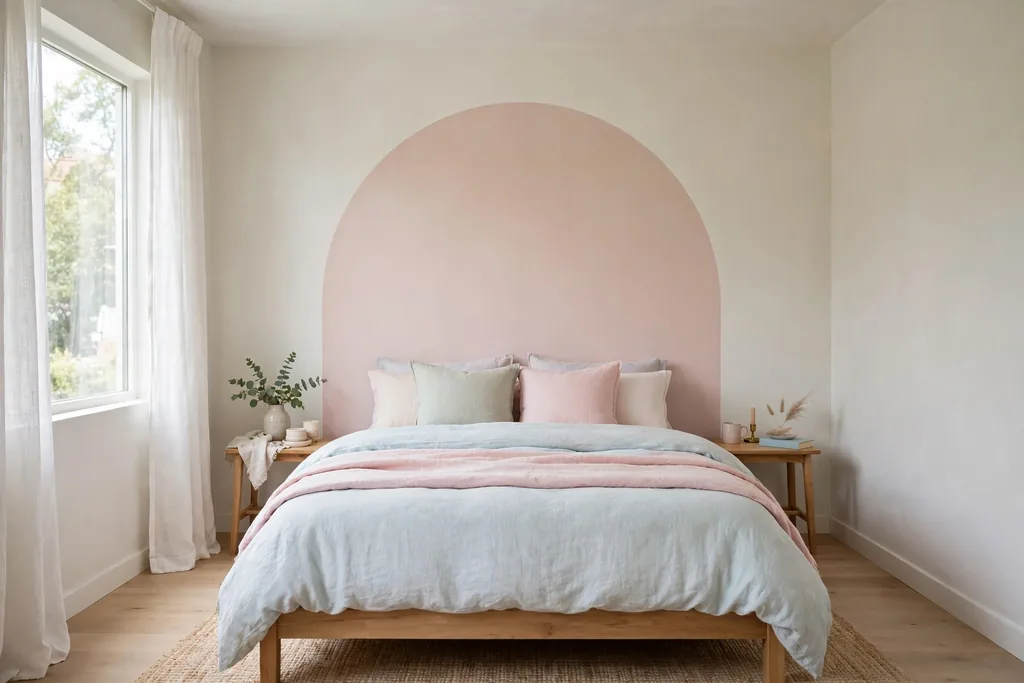 Bedroom wall behind a bed painted with a soft blush arch and pastel bedding.