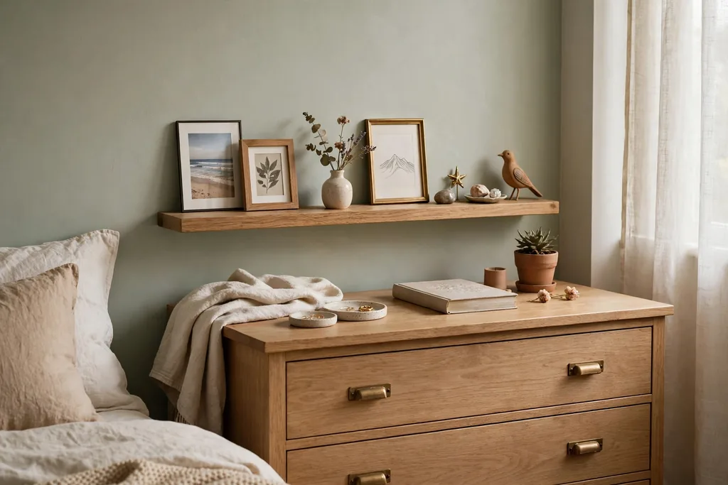 Bedroom picture ledge above a dresser holding small framed photos, a tiny vase, and keepsakes.