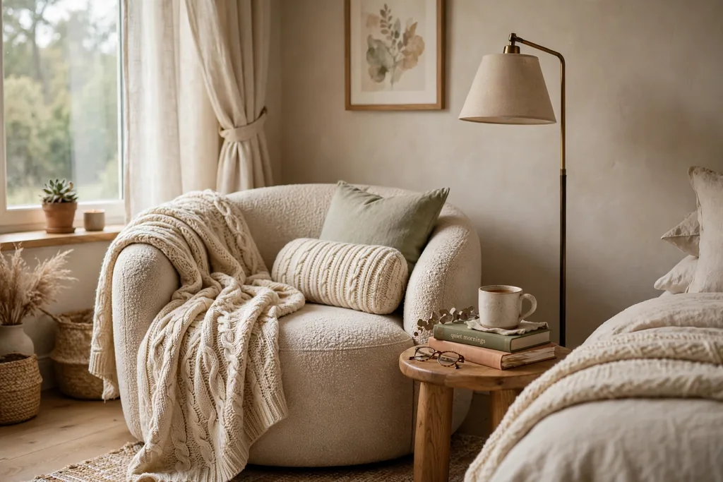 Cozy bedroom reading nook by a window with a soft chair, side table, floor lamp, and knit throw.