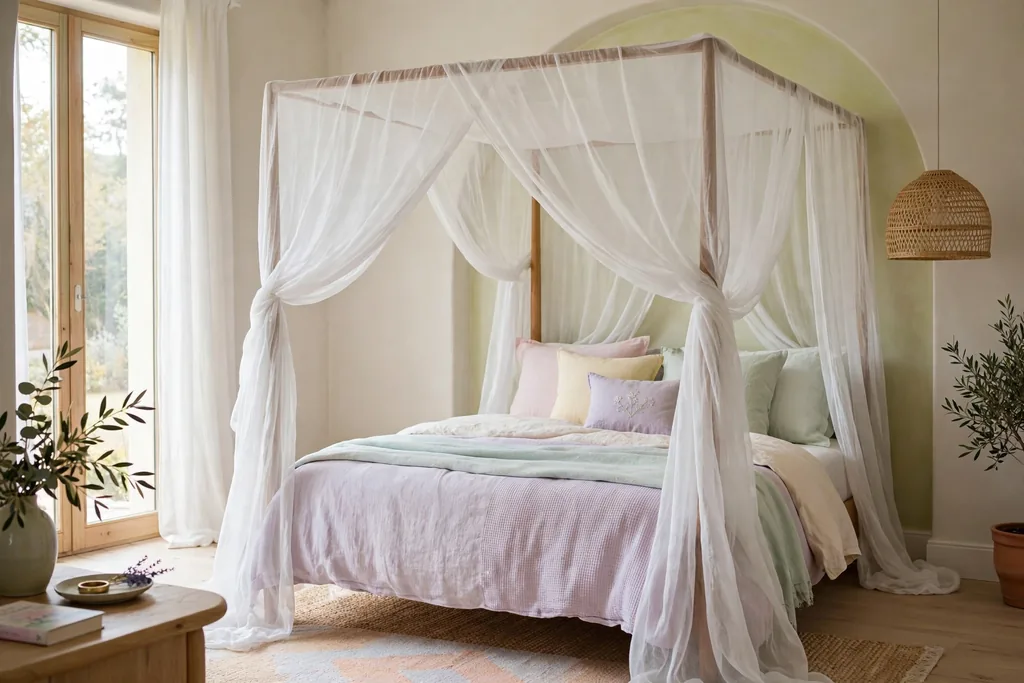 Bed with a sheer white canopy draped over it, soft daylight, and pastel bedding.