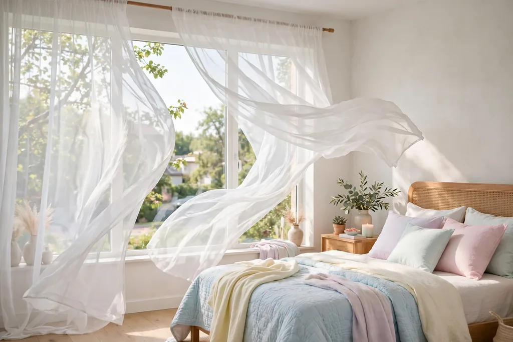 Bedroom window with flowing sheer white curtains in soft daylight and pastel bedding nearby.