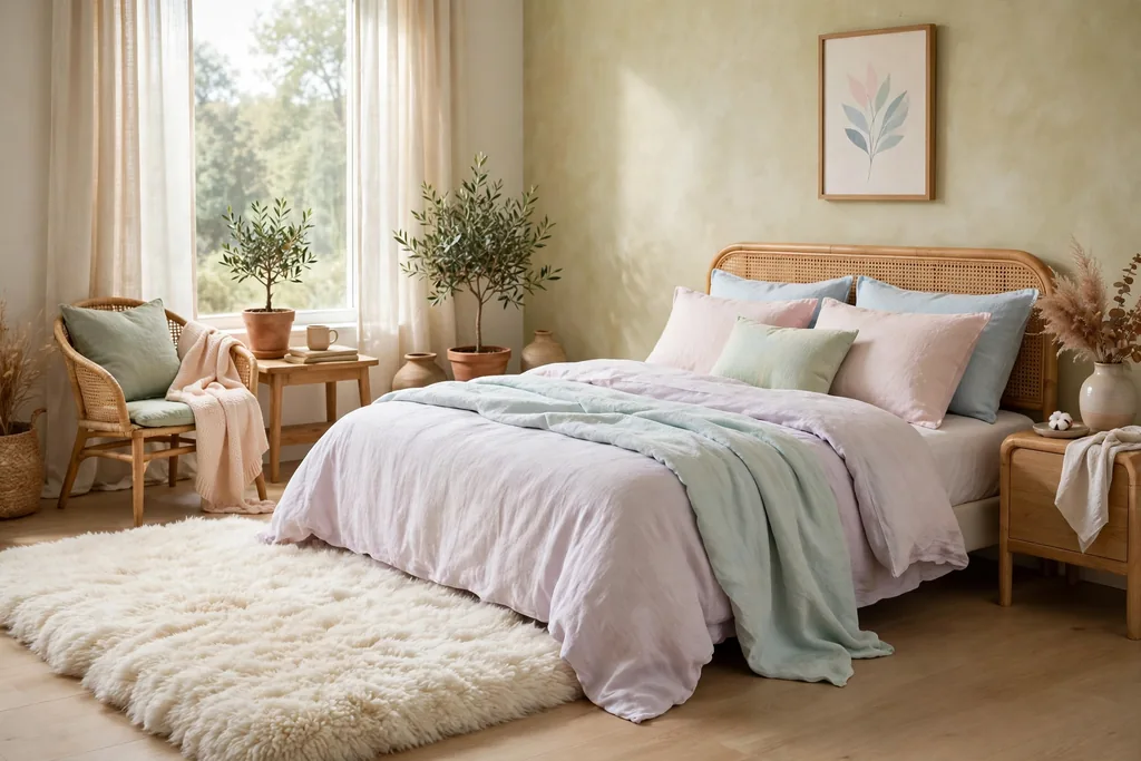 Bedroom with a thick cream soft rug beside a bed with pastel bedding.