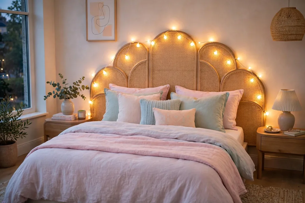 Bedroom headboard with warm string lights glowing in the evening and pastel bedding.