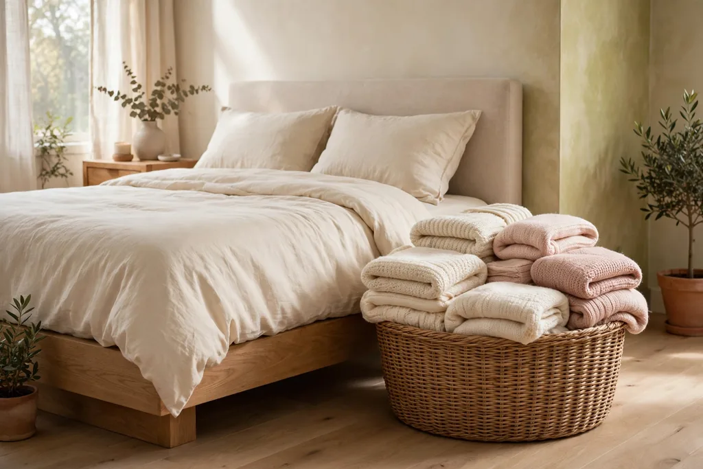 Woven basket beside a bed filled with folded knit throws in cream and blush.