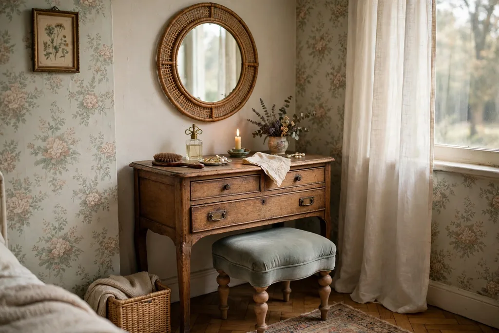 Small vintage style bedroom vanity corner with a dressing table, round mirror, and soft stool.