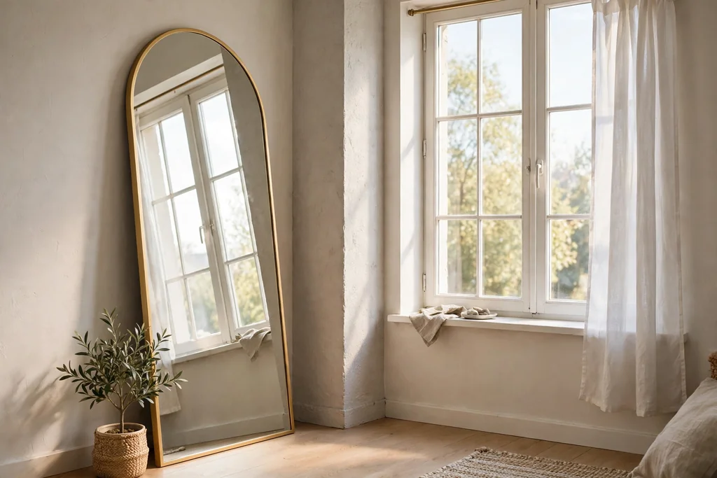 Tall arched full length mirror with a slim gold frame leaning against a wall opposite a bright apartment window.