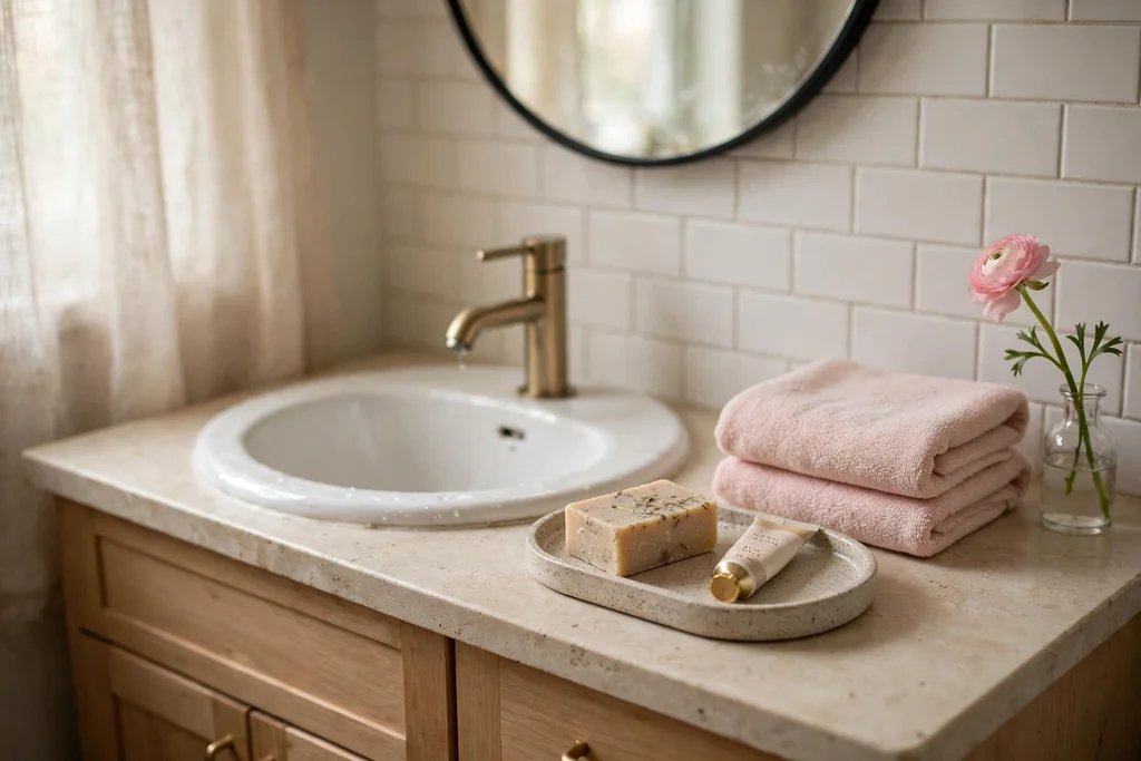 Small apartment bathroom sink with a ceramic tray holding soap and hand cream, folded blush towels, and a single pink flower stem.