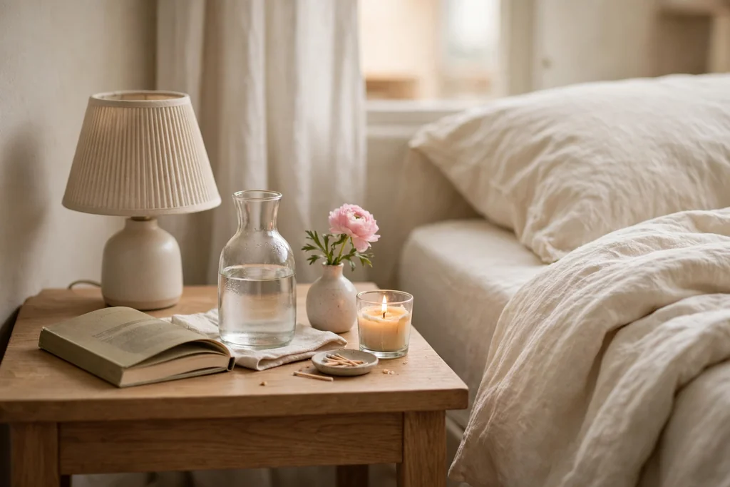 Apartment bedside table styled for slow mornings with a small lamp, a book, a carafe of water, and a tiny vase with one pink flower.