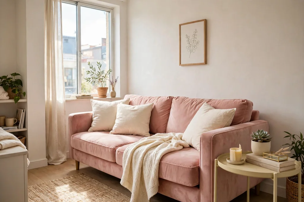 Blush pink velvet sofa with cream cushions and a soft throw in a bright small apartment living room.
