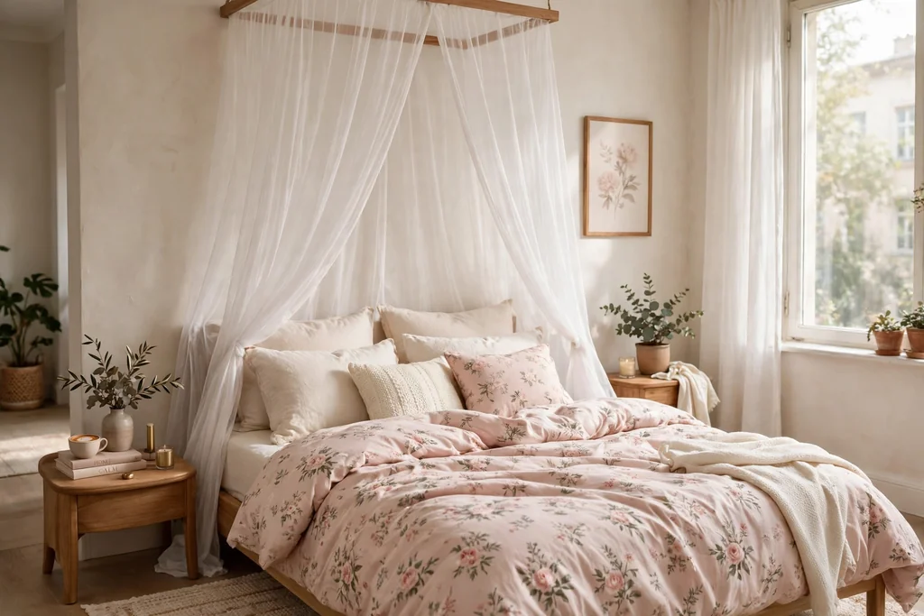 Apartment bed dressed with sheer white canopy drapes, blush floral bedding, and cream cushions.