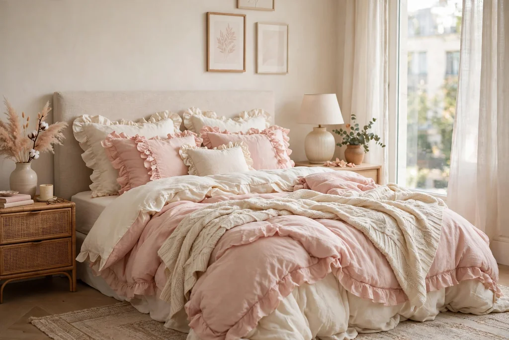 Apartment bed with layered cloud soft bedding in blush pink and cream, ruffled cushions, and a knit throw.