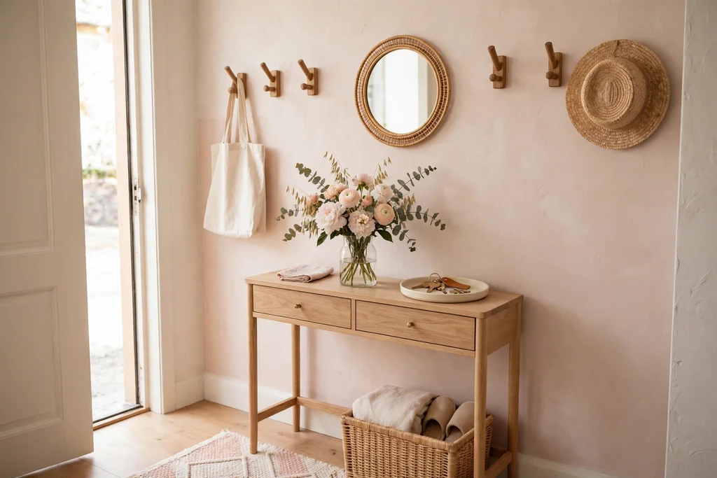 Small apartment entry with wall hooks, a small round mirror, a console with fresh flowers, and a tray for keys.