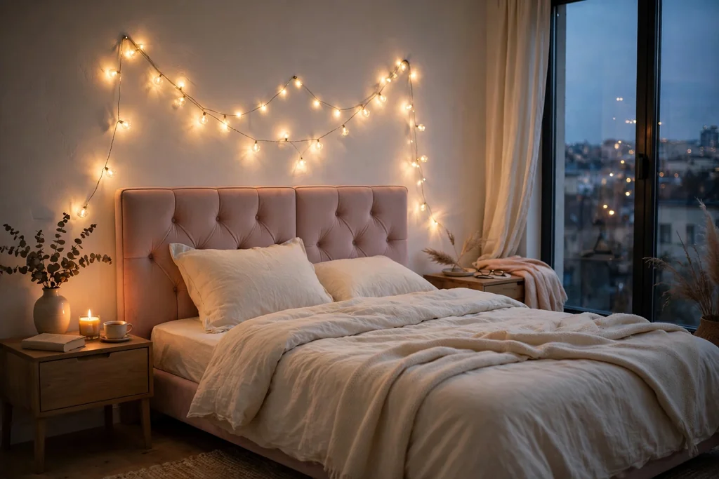 Apartment bedroom at dusk with warm fairy string lights above a padded blush headboard and cream bedding.