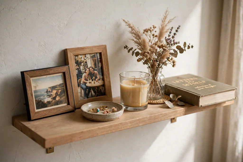 Apartment wall shelf styled as a personal keepsake display with framed photos, a trinket dish, a candle, and dried flowers.