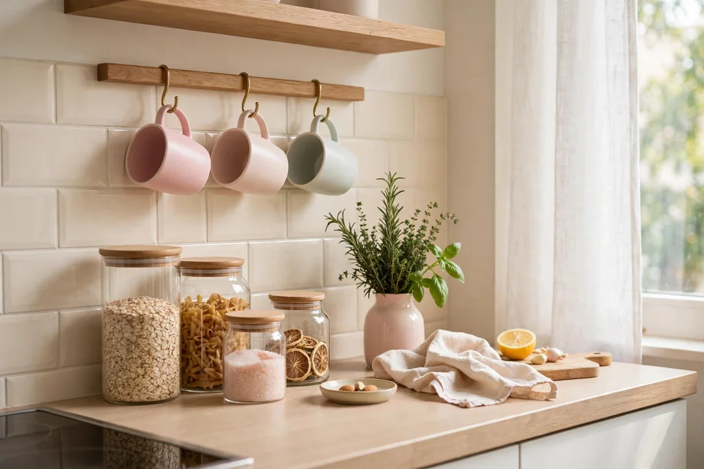 Small apartment kitchenette counter styled with glass jars, pastel mugs on hooks, and a small vase with herbs.