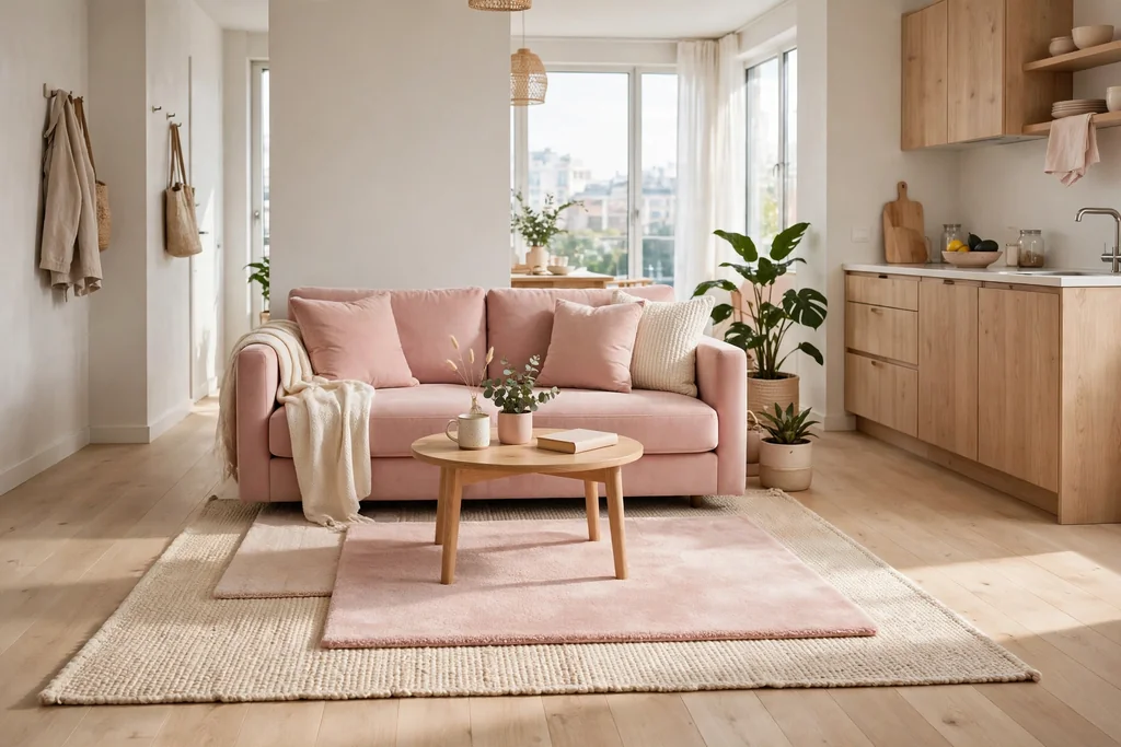 Open plan small apartment living area with layered cream and blush rugs marking a sofa zone.