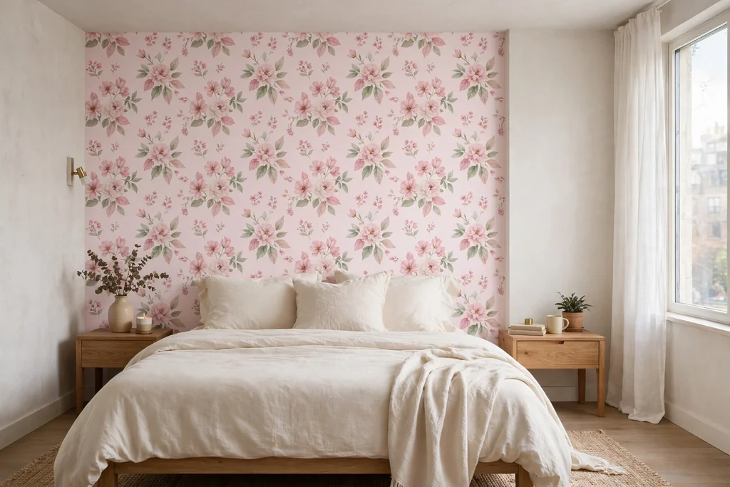 Apartment bedroom with a soft pastel pink floral accent wall behind a bed with plain cream bedding.