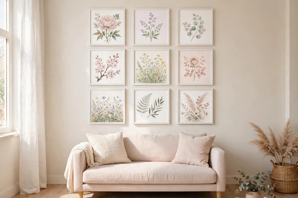 Gallery wall of framed pastel floral and botanical prints in white frames above a small apartment sofa.