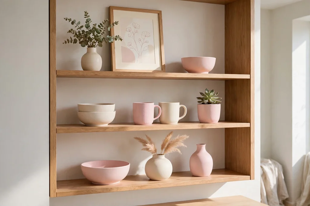 Open apartment shelves styled with pastel pink and cream ceramic bowls, mugs, and vases, a small plant, and a framed print.