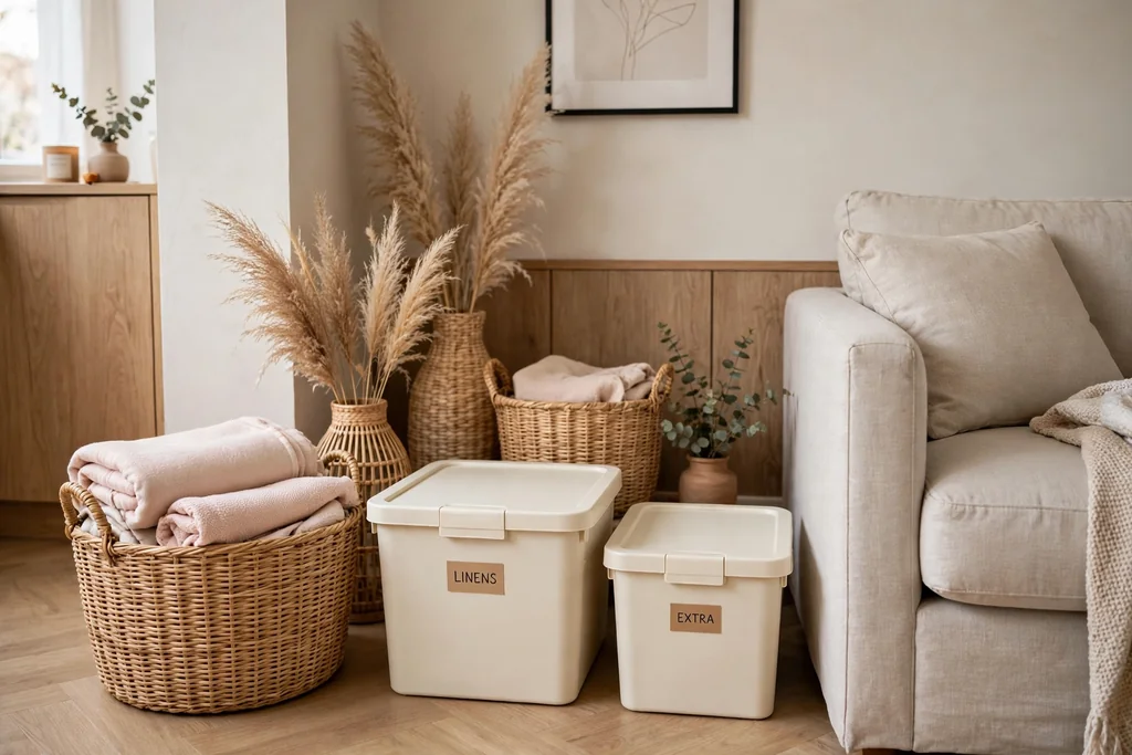 Apartment living corner with woven baskets and lidded cream storage boxes with small labels beside a sofa.