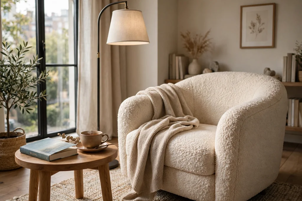 Cozy apartment reading nook by a window with a deep cream boucle armchair, soft throw, floor lamp, and a book.
