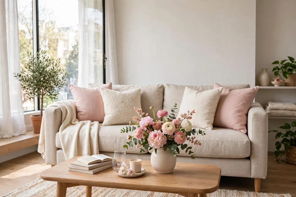 Apartment living room sofa restyled for a new season with fresh cushions in soft pink and cream and a vase of seasonal flowers.