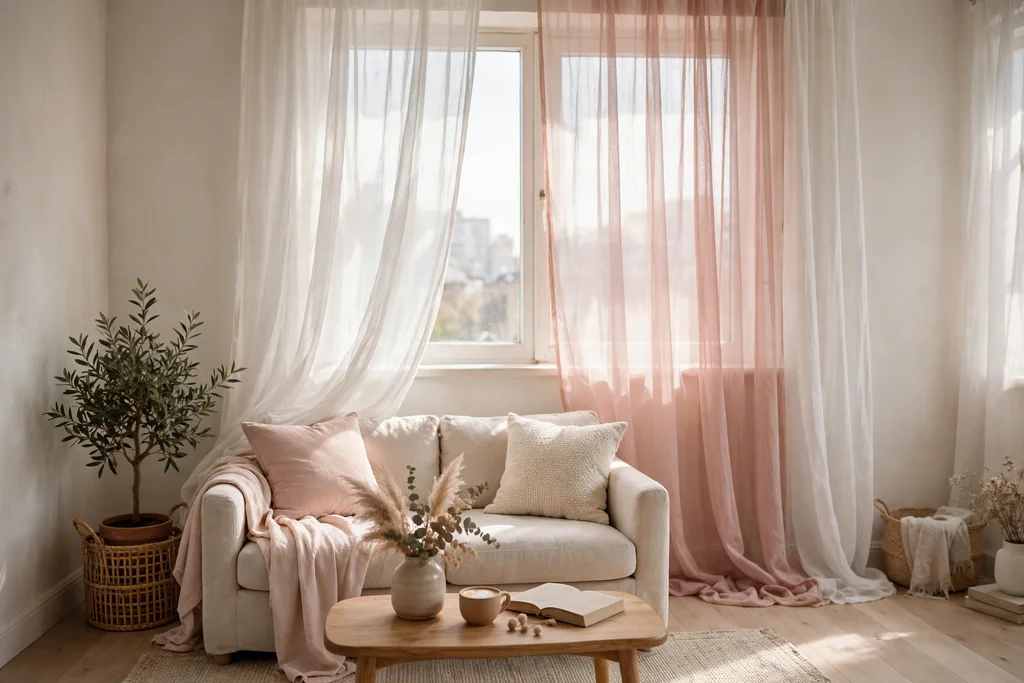 Bright apartment window with layered sheer white and blush curtains filtering soft daylight over a small sofa.