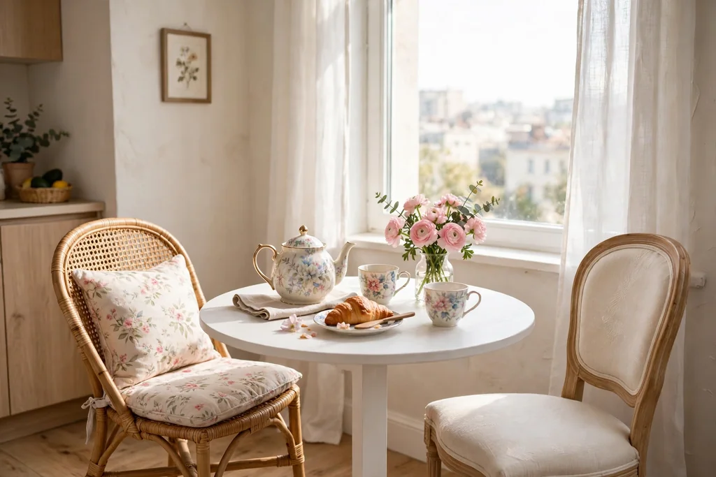 Small apartment breakfast corner with a round white table, two chairs, a floral teapot and cups, and pink flowers.