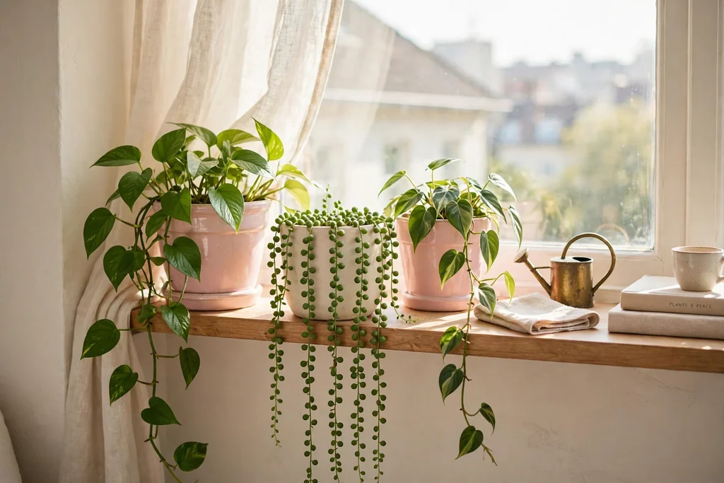 Bright apartment window shelf with trailing green plants in pastel pink and cream pots in soft sunlight.