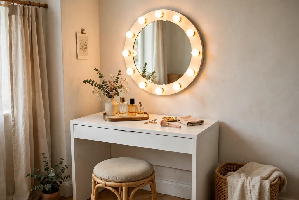 Small apartment vanity corner with a white desk, round mirror framed by warm globe lights, and a small vase of flowers.