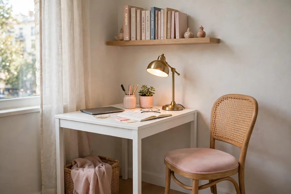 Small apartment work corner with a slim white desk, pretty chair, warm desk lamp, wall shelf with books, and a small plant.