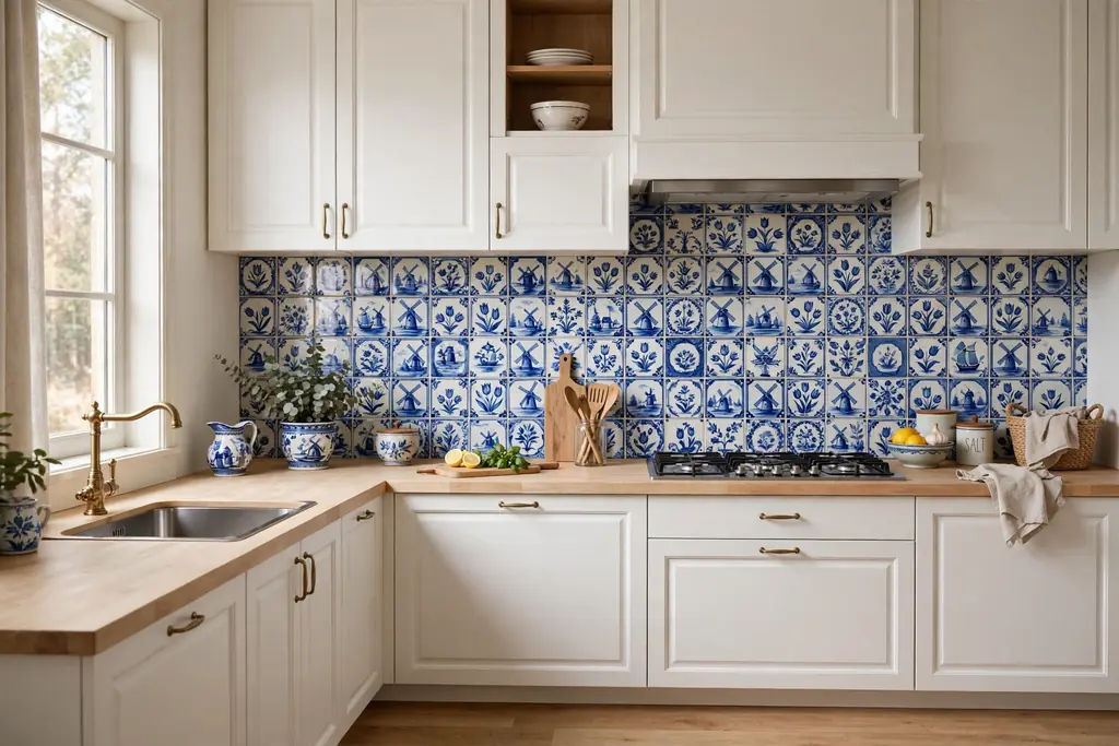 Kitchen with a Delft blue tile backsplash, white cabinets, and pale wood counters