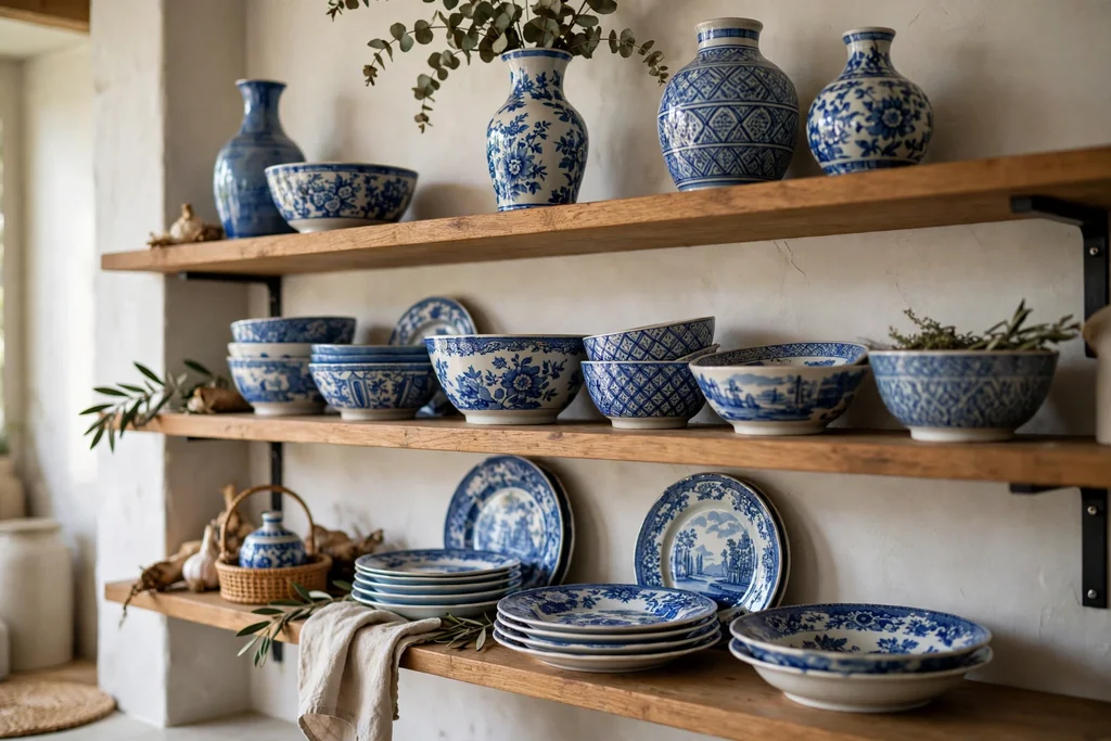 Open kitchen shelves holding blue and white pottery plates, vases, and bowls