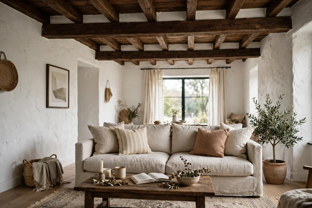 Living room with white plaster walls and dark wood ceiling beams above a linen sofa