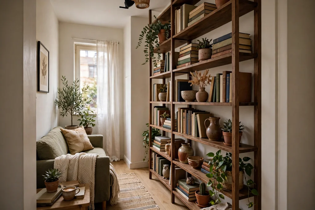 Narrow living room with tall narrow shelving holding books, pottery, and plants