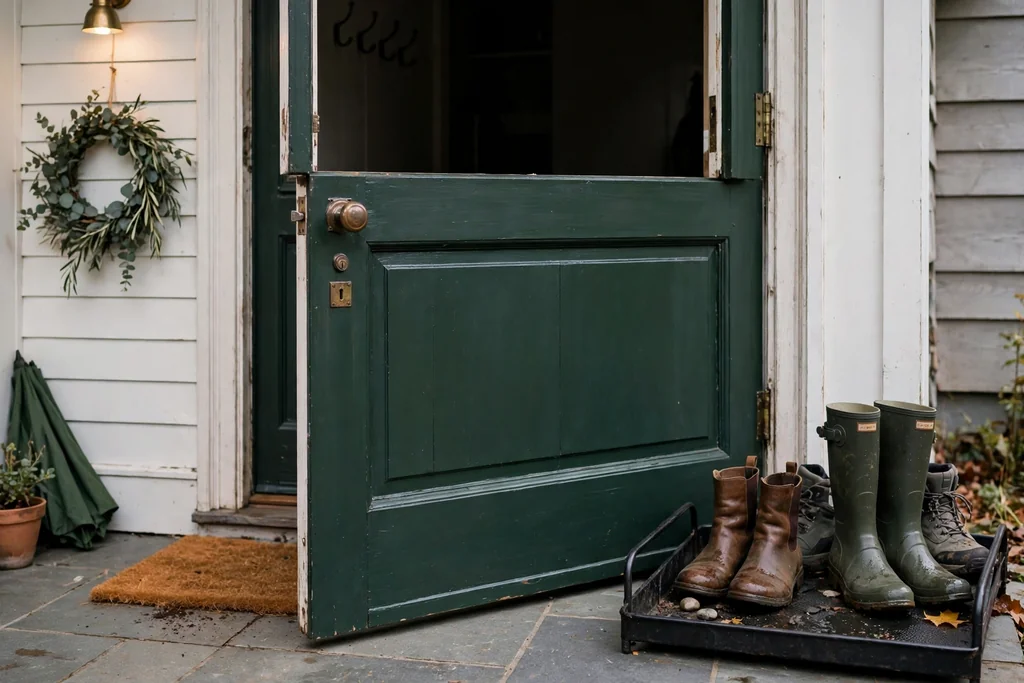 Entry with a dark green split Dutch door, top half open, beside a boot tray