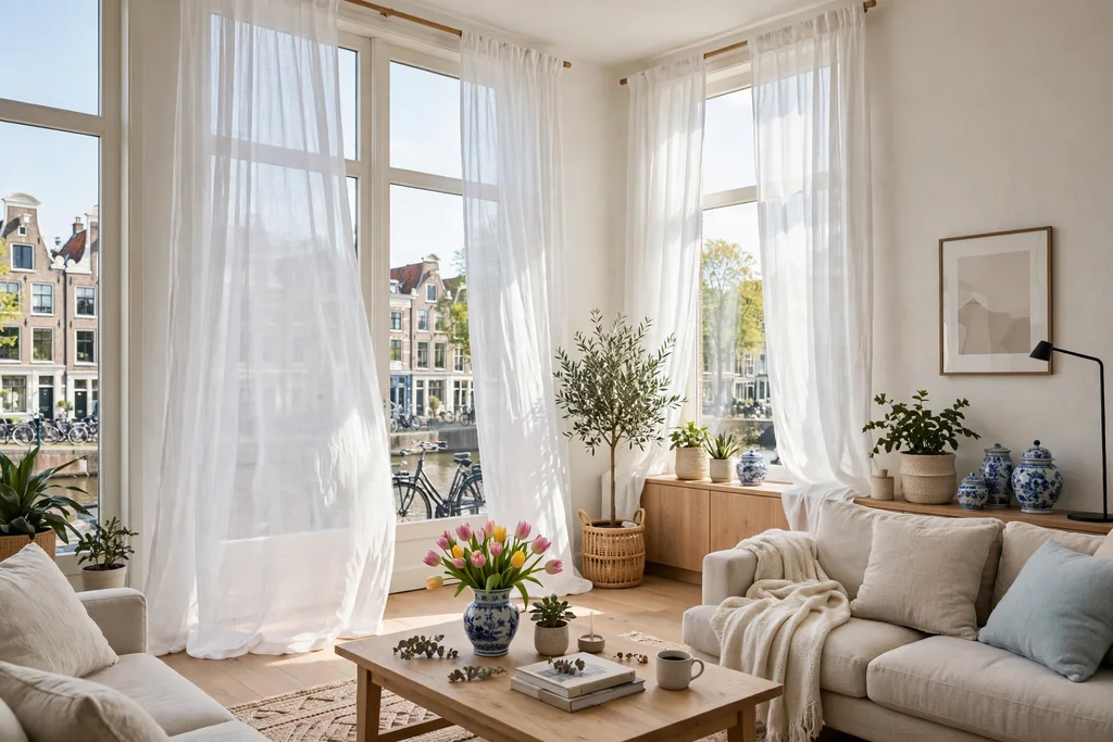 Tall windows dressed with sheer white curtains in a bright Dutch living room