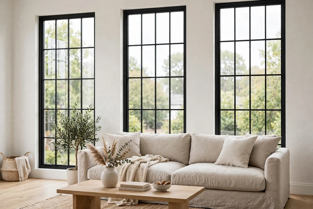 White living room wall with tall windows in black frames and a linen sofa