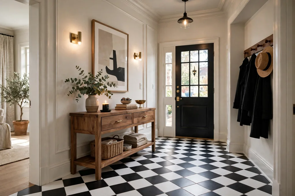 Entry hall with a black and white checkerboard tile floor and a wood console