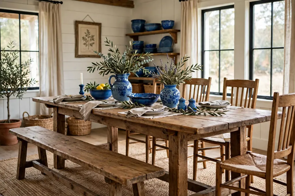Dining room with a long farmhouse wood table, bench, chairs, and blue pottery
