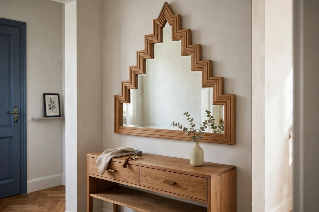 Hall console with a stepped gable shaped mirror above it and a small vase