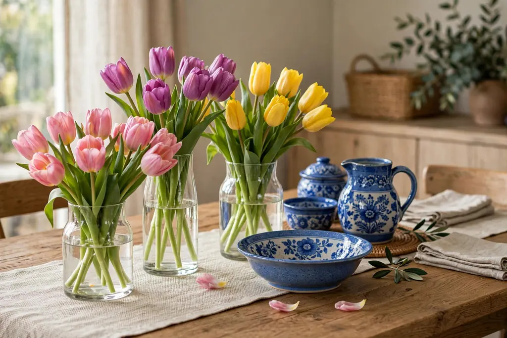 Dining table with fresh tulips in clear glass vases beside blue pottery