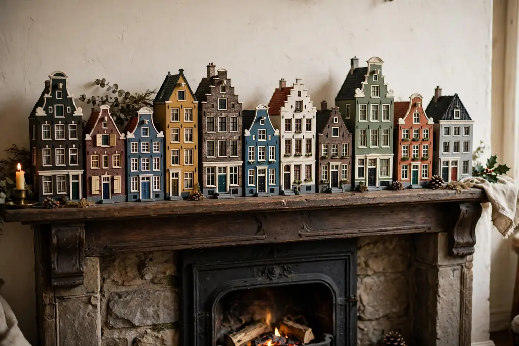 Fireplace mantel lined with miniature Dutch canal houses in varied heights
