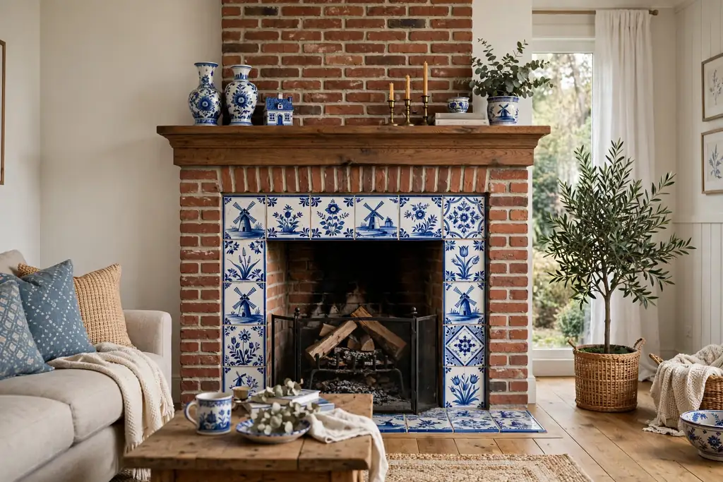 Living room brick fireplace framed with Delft blue tiles and a wood mantel