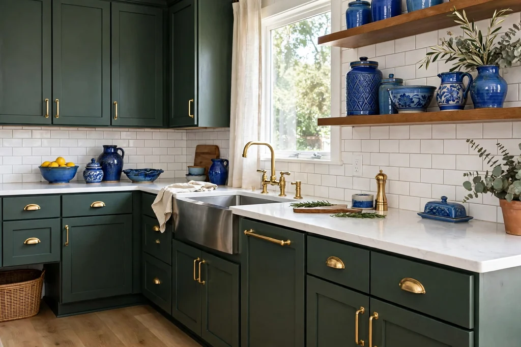 Kitchen with dark green cabinets, white counters, brass handles, and blue pottery