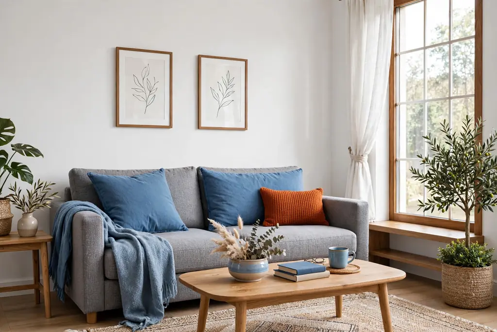 Living room with white walls, blue cushions, and a small burnt orange accent cushion