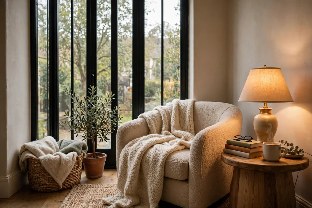 Reading corner by a tall window with a chair, wool throw, side table, and warm lamp