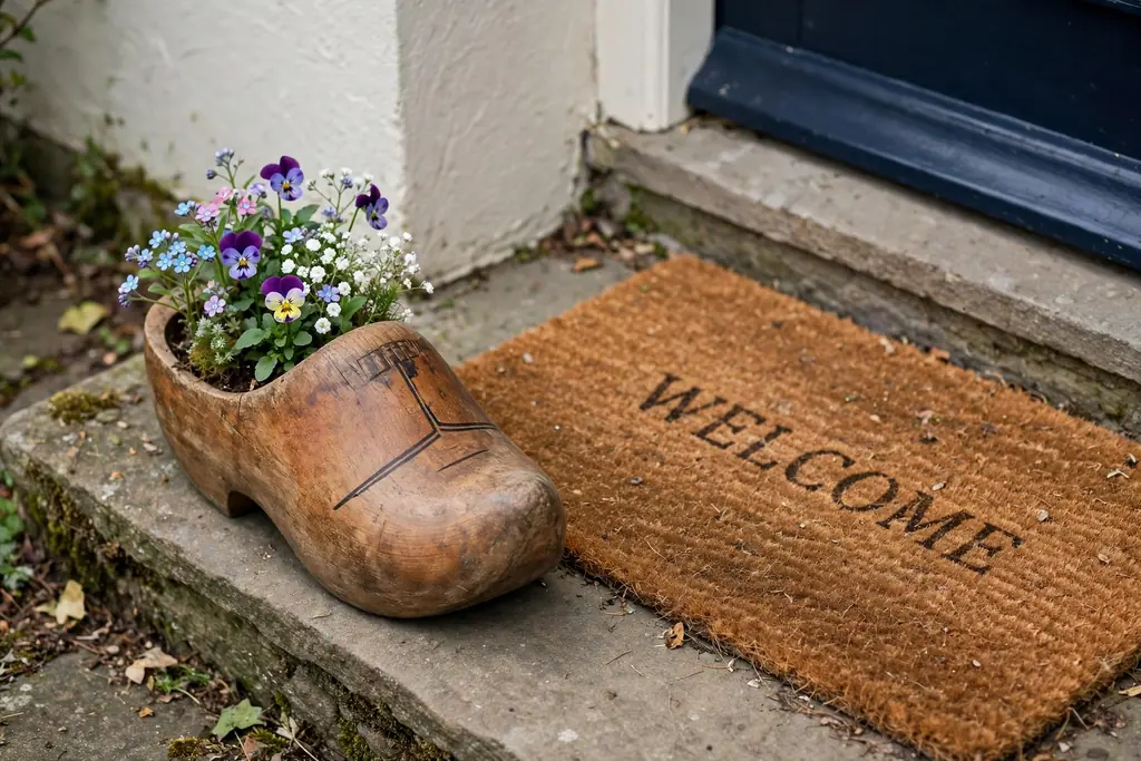 Entry step with a wooden clog planter holding small flowers beside a door mat