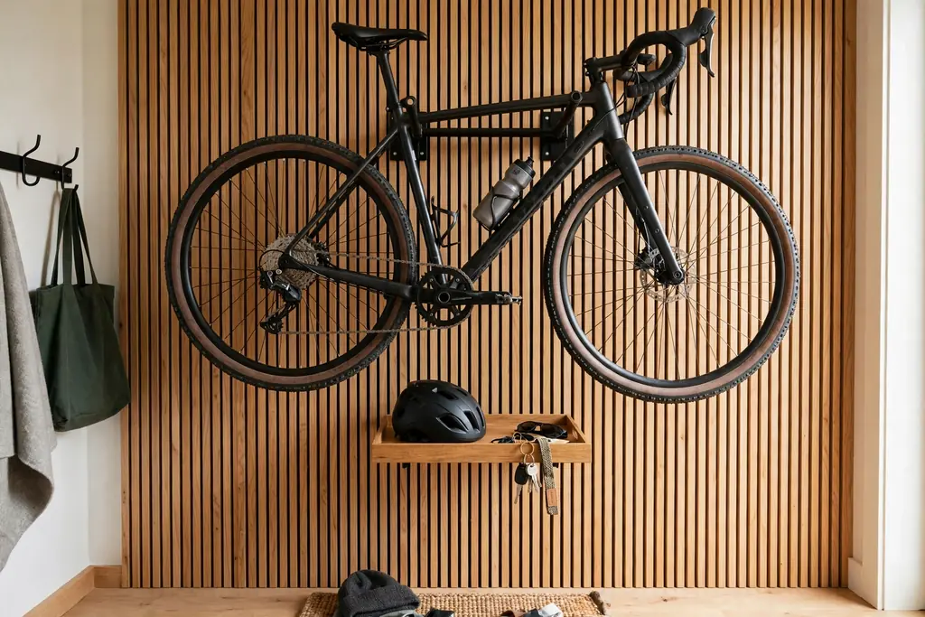 Entry wall with a bike hung on a wall rack above a small tray for helmet and keys
