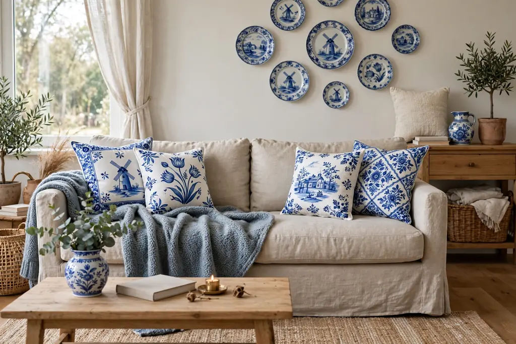 Living room with a natural linen sofa dressed with Delft blue cushions and a wool throw